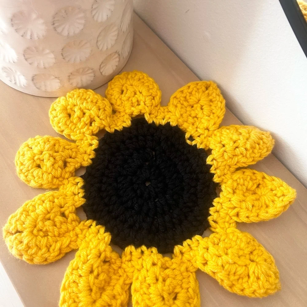 Handmade Crochet Sunflower Coaster Yellow Floral Cottagecore Table Decor
